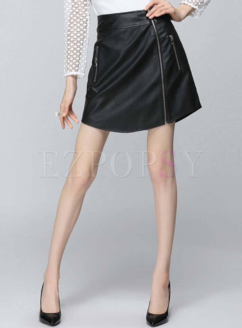 Black Zipper High Waist PU Skirt