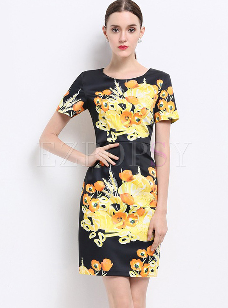 Vintage Slim Floral Print Short Sleeve Bodycon Dress