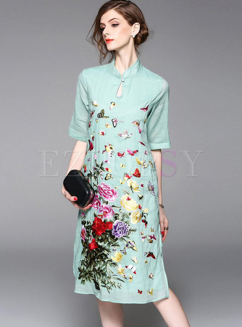Ethnic Embroidered Loose Stand Collar Short Sleeve Shift Dress
