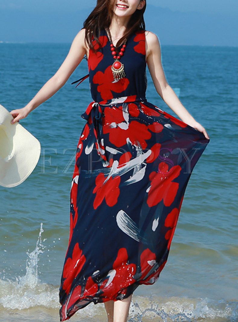 Slim Red Print Sleeveless Maxi Dress
