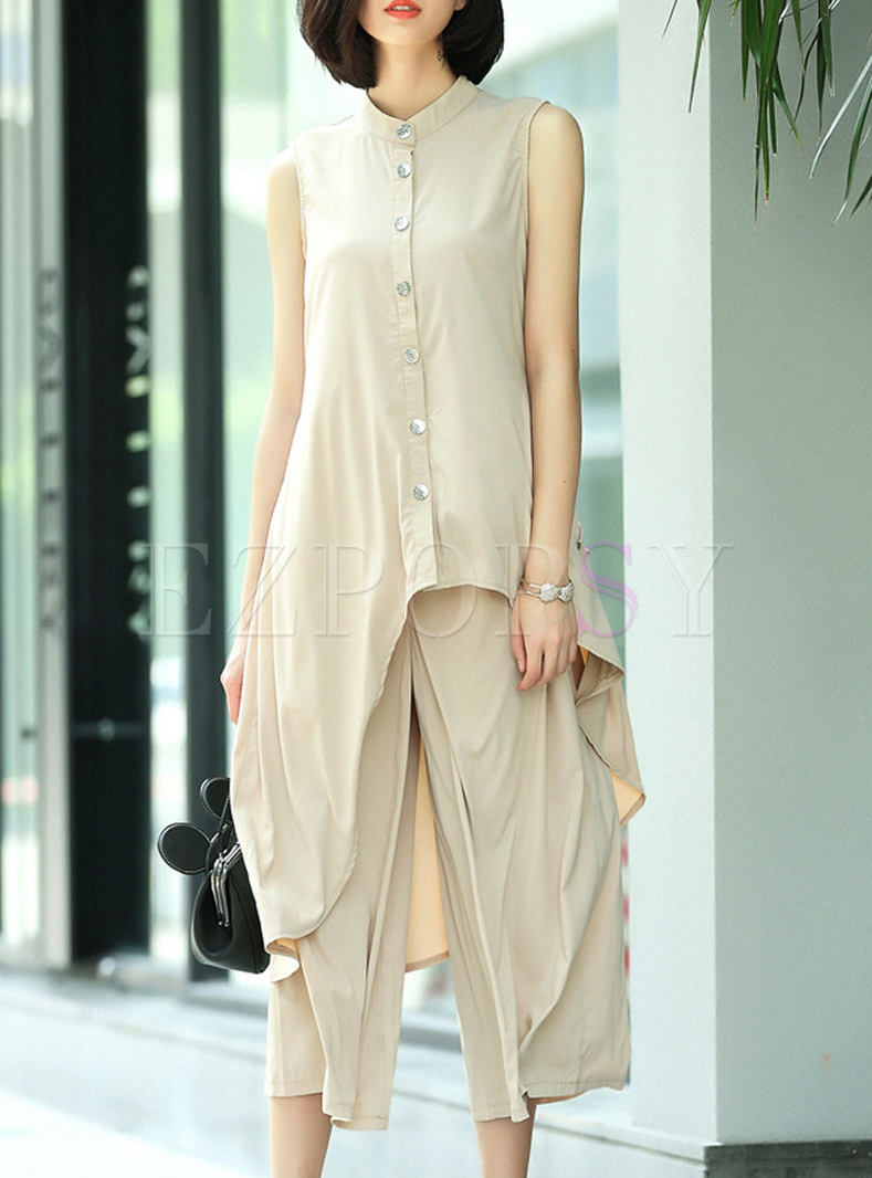 Casual Sleeveless Asymmetric Two-piece Outfit