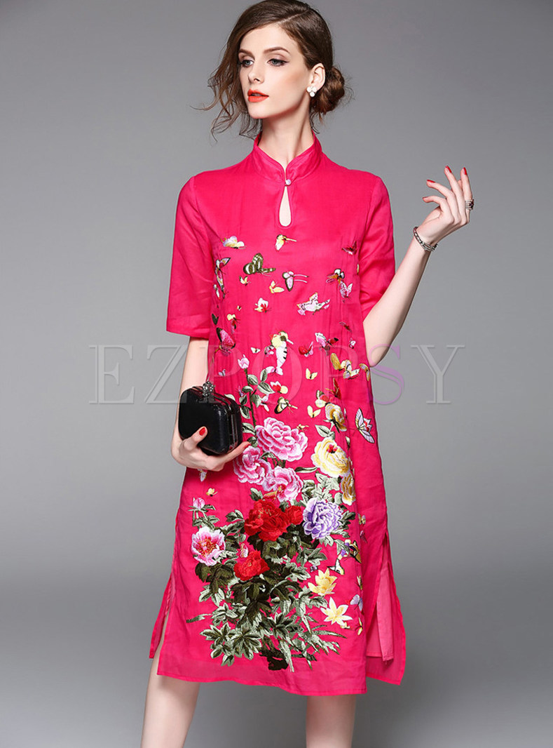 Ethnic Embroidered Loose Stand Collar Short Sleeve Shift Dress
