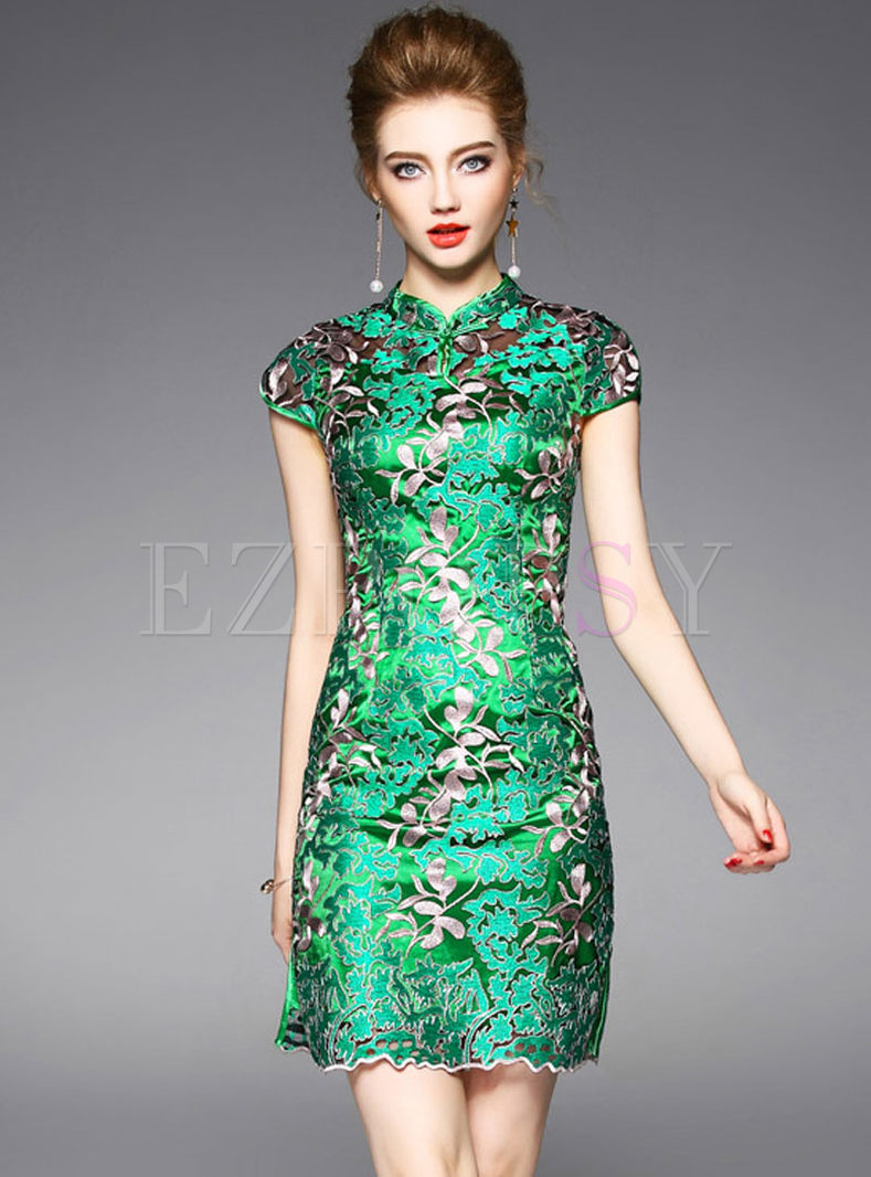Vintage Embroidered Stand Collar Sheath Short Sleeve A-line Bodycon Dress
