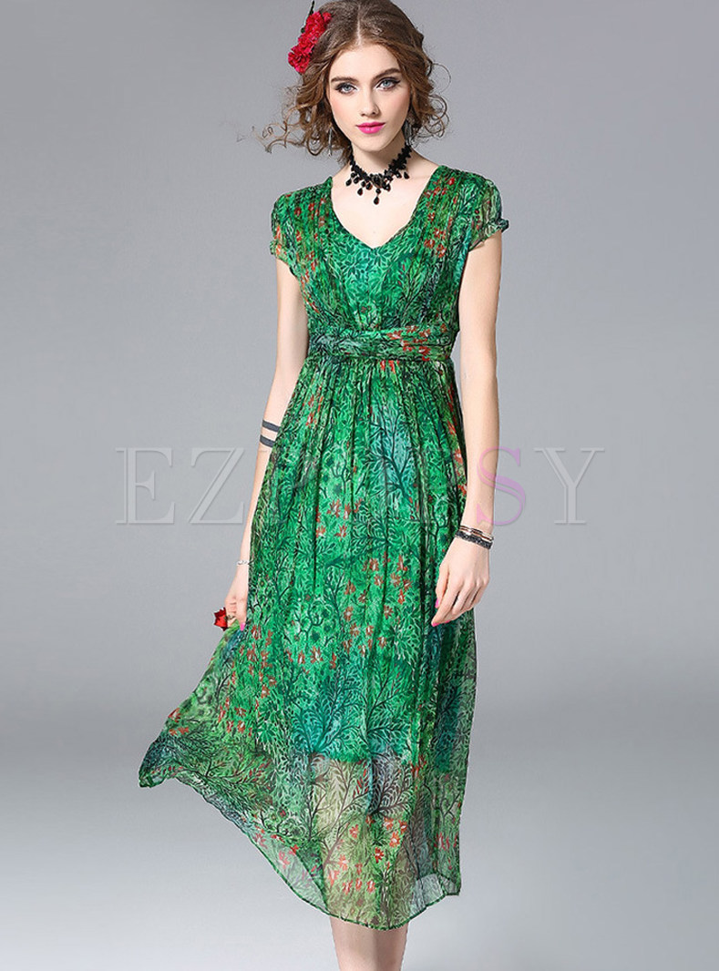 Bohemian Silk Floral Print V-neck Short Sleeve Skater Dress