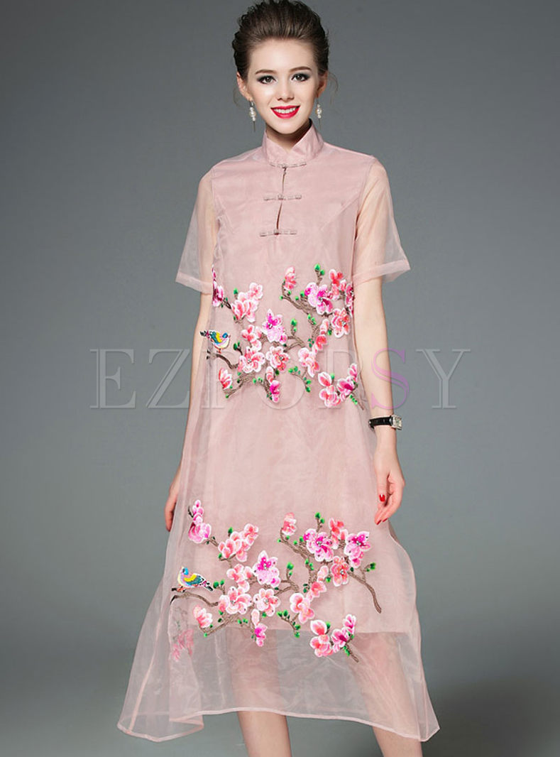 Vintage Embroidered Bead Stand Collar Short Sleeve Shift Dress 