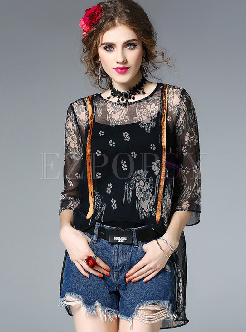 Asymmetry See Through Three Quarters Sleeve Blouse With Camis
