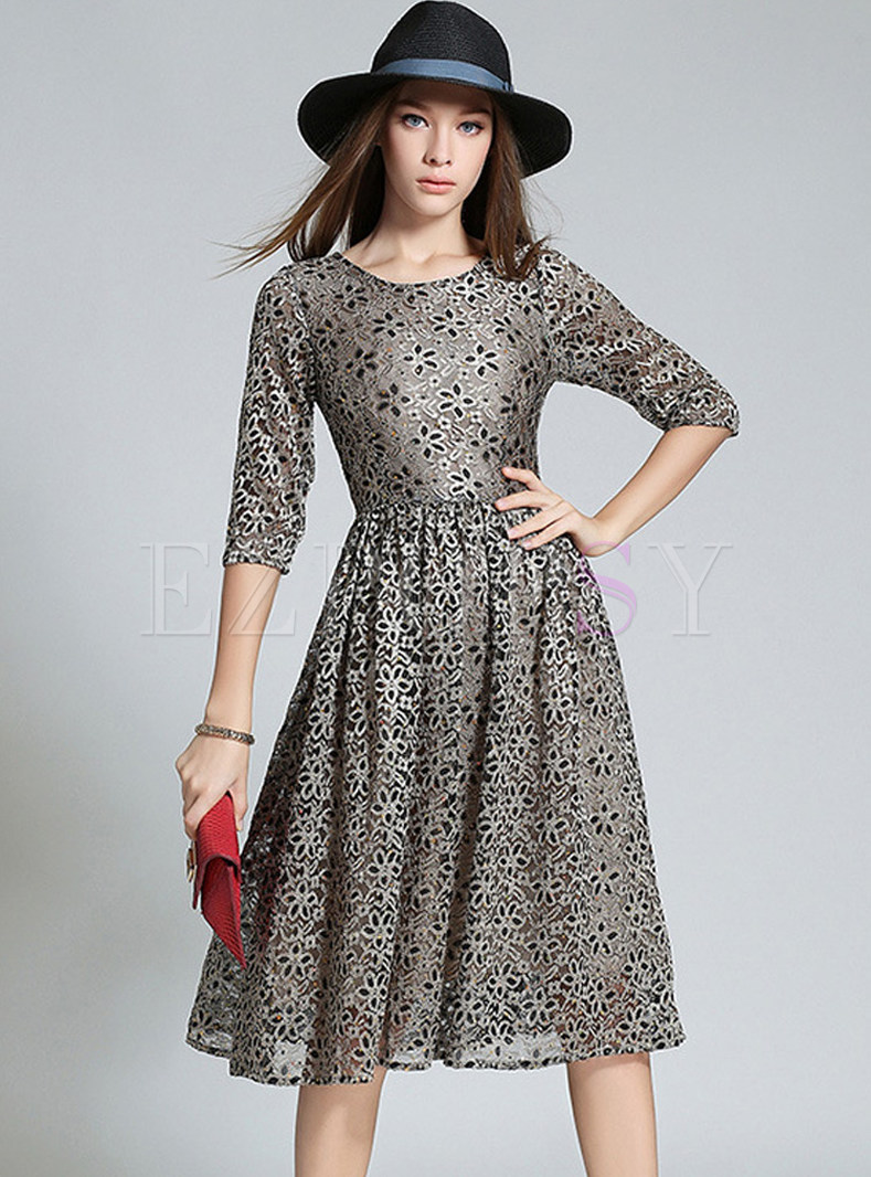 Dresses | Skater Dresses | Lace Embroidered Three Quarters Sleeve ...
