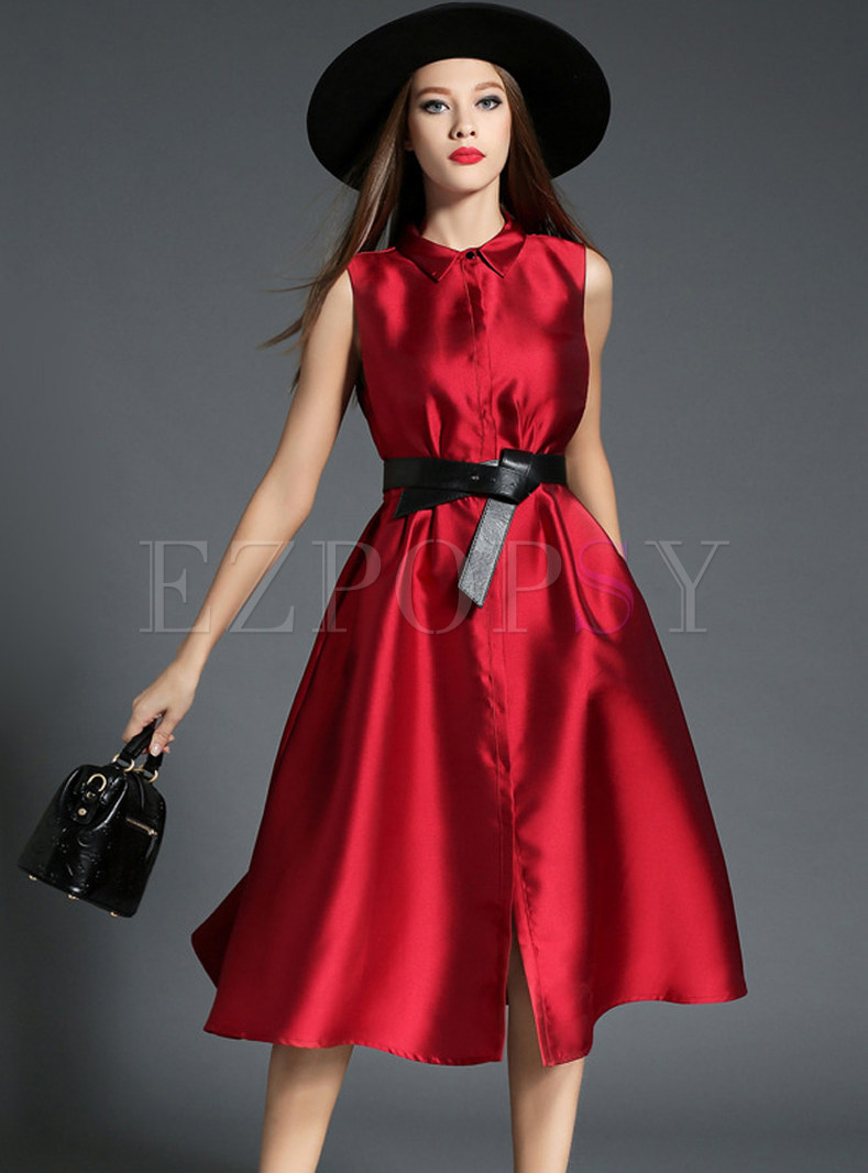 turn down collar belt plain skater dress