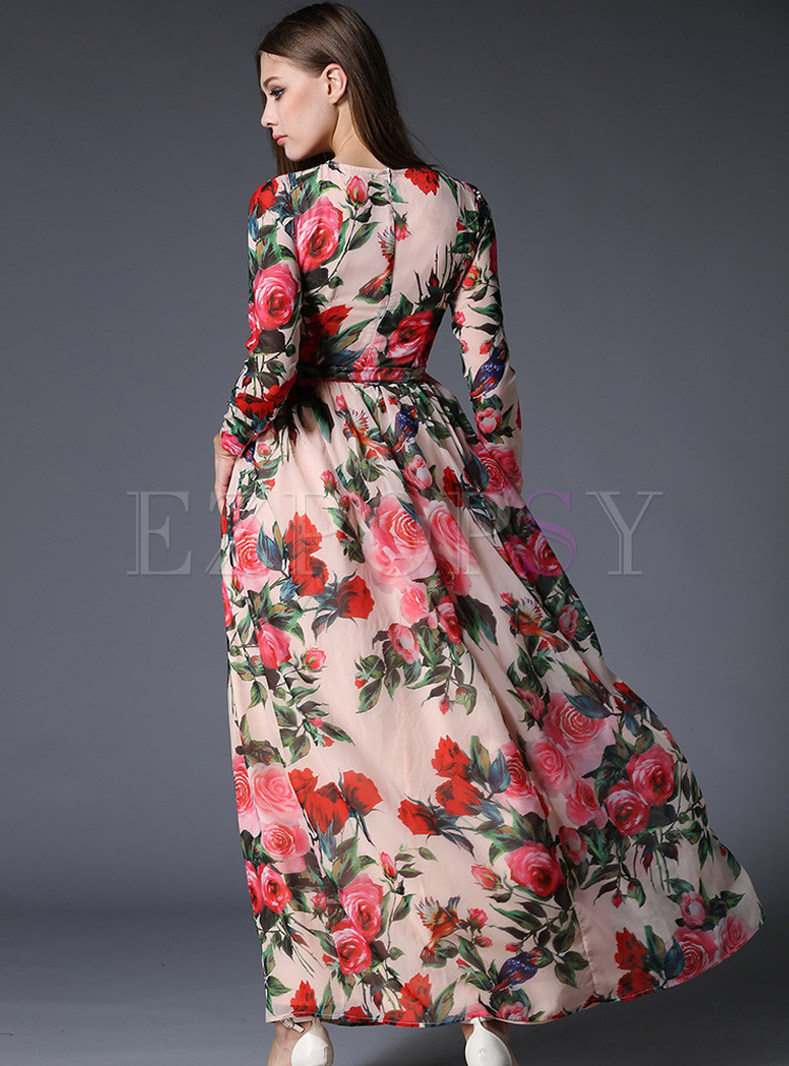 Dresses | Maxi Dresses | Crew Neck Floral Printed Chiffon Long Party Dress
