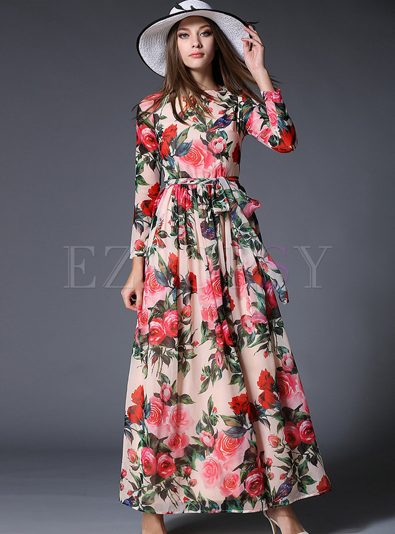 Crew Neck Floral Printed Chiffon Long Party Dress
