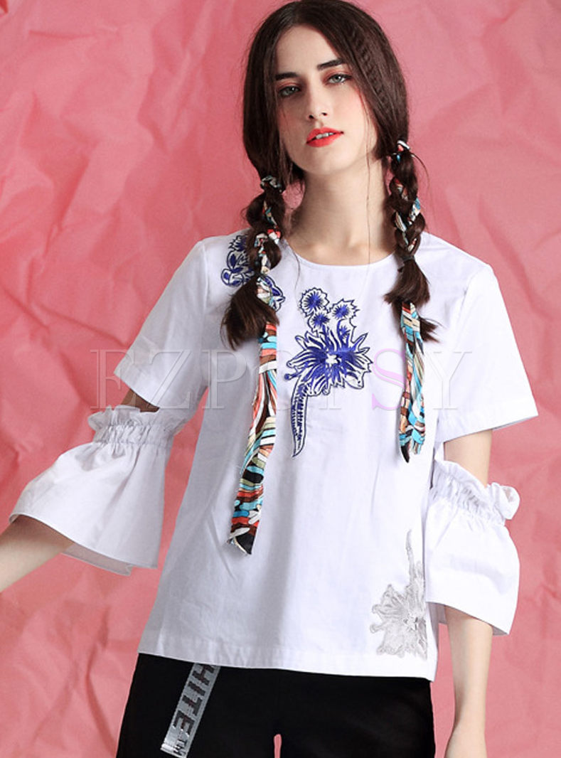 Fashionable Embroidered Print O-neck Splicing Sleeve T-shirt 