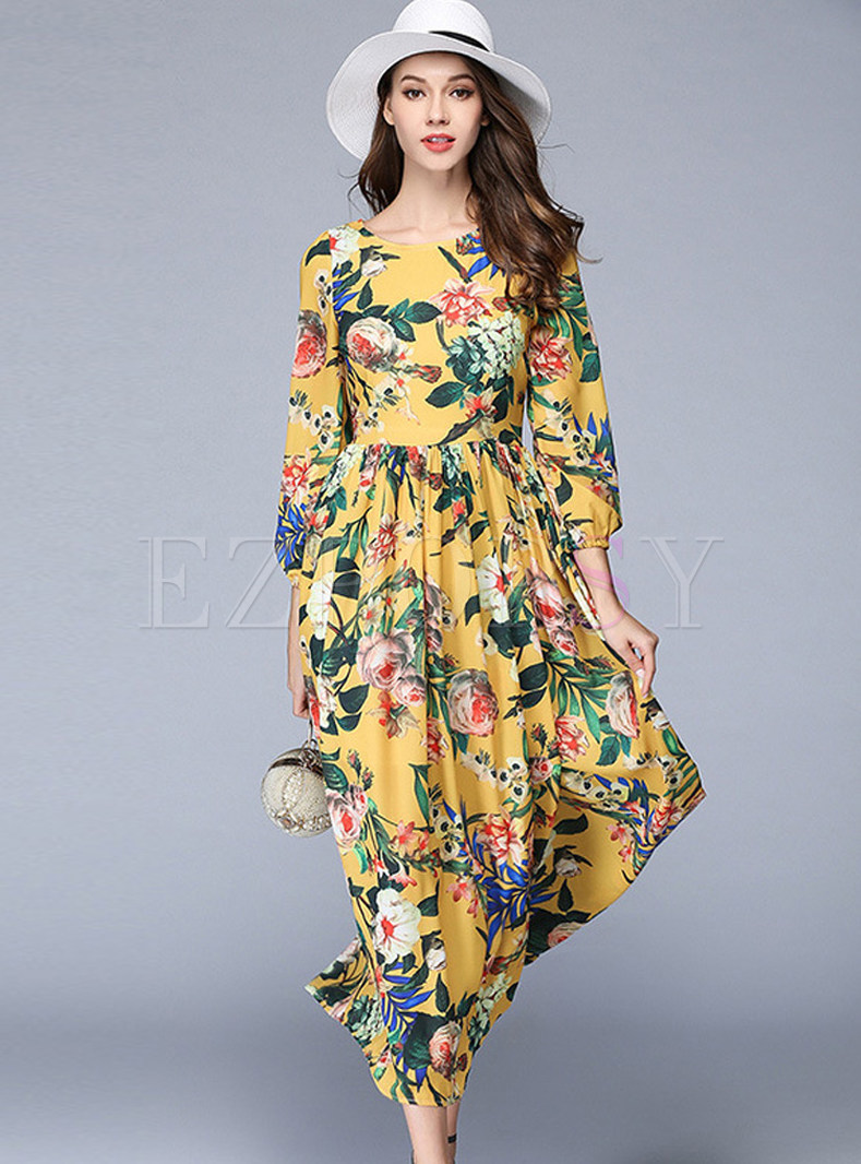 Chiffon Floral Print Gathered Waist Three Quarters Sleeve Maxi Dress