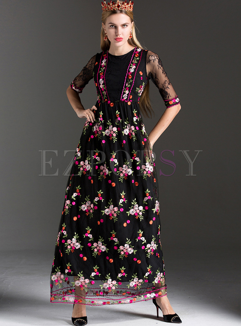 Party Embroidery Mesh Perspective Maxi Dress