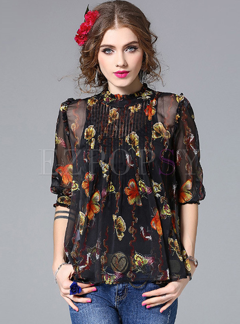 Stylish Floral Print Half Sleeve Blouse With Camis