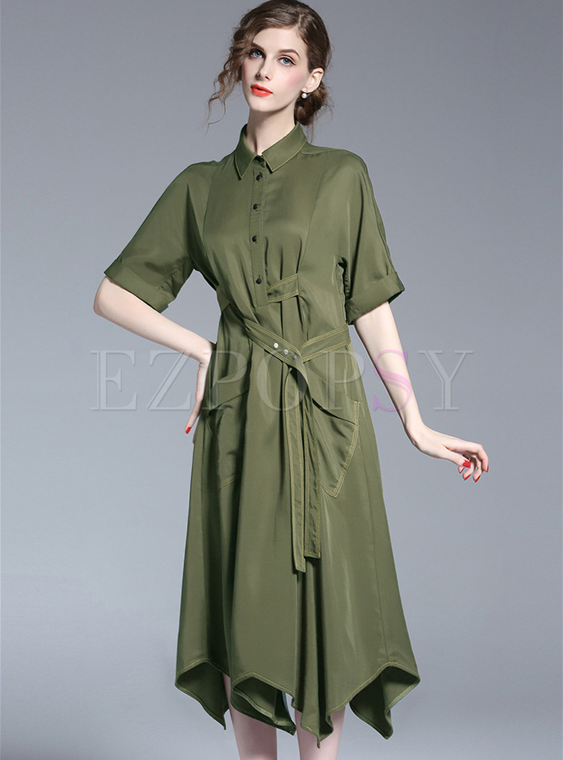 Green Lapel Single-breasted Asymmetric Hem Shirt Dress