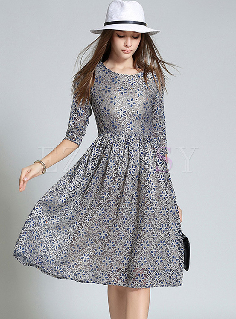 Lace Embroidered Three Quarters Sleeve Pleated Skater Dress