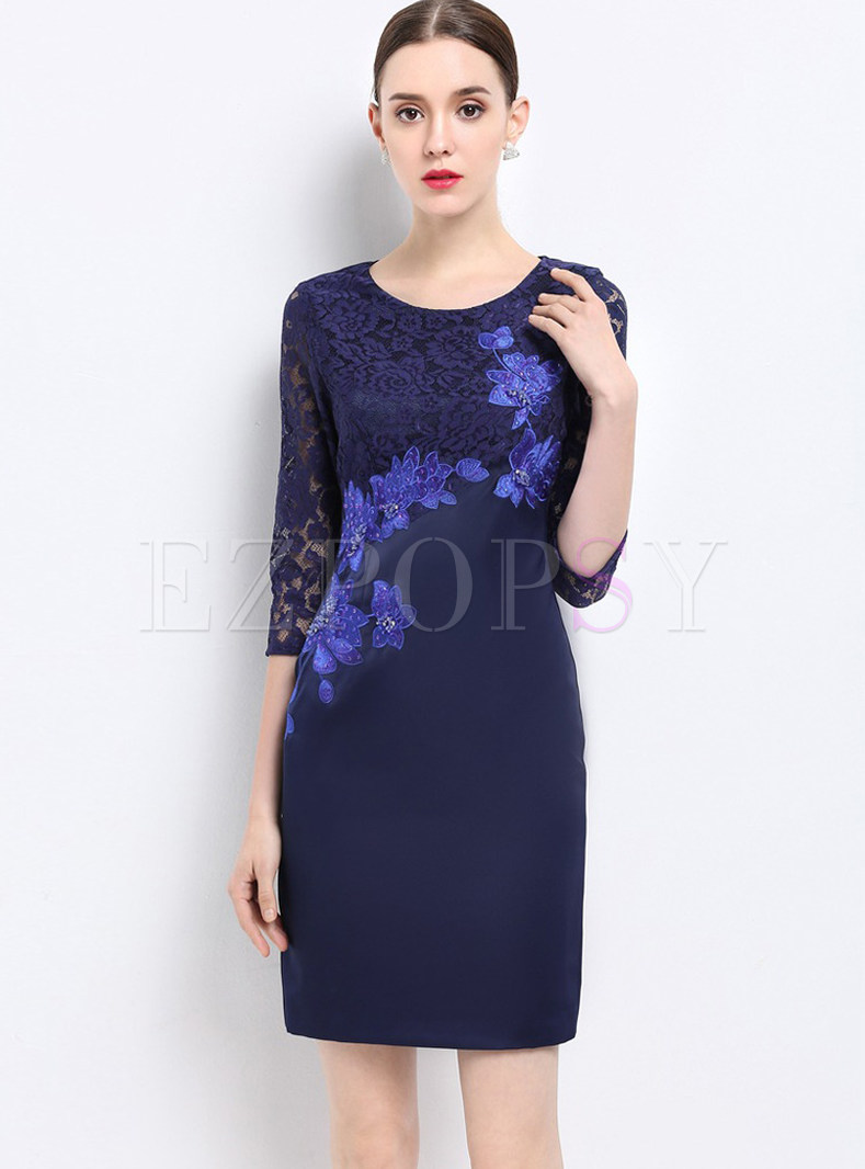 Hollow Out Embroidered Three Quarters Sleeve Bodycon Dress