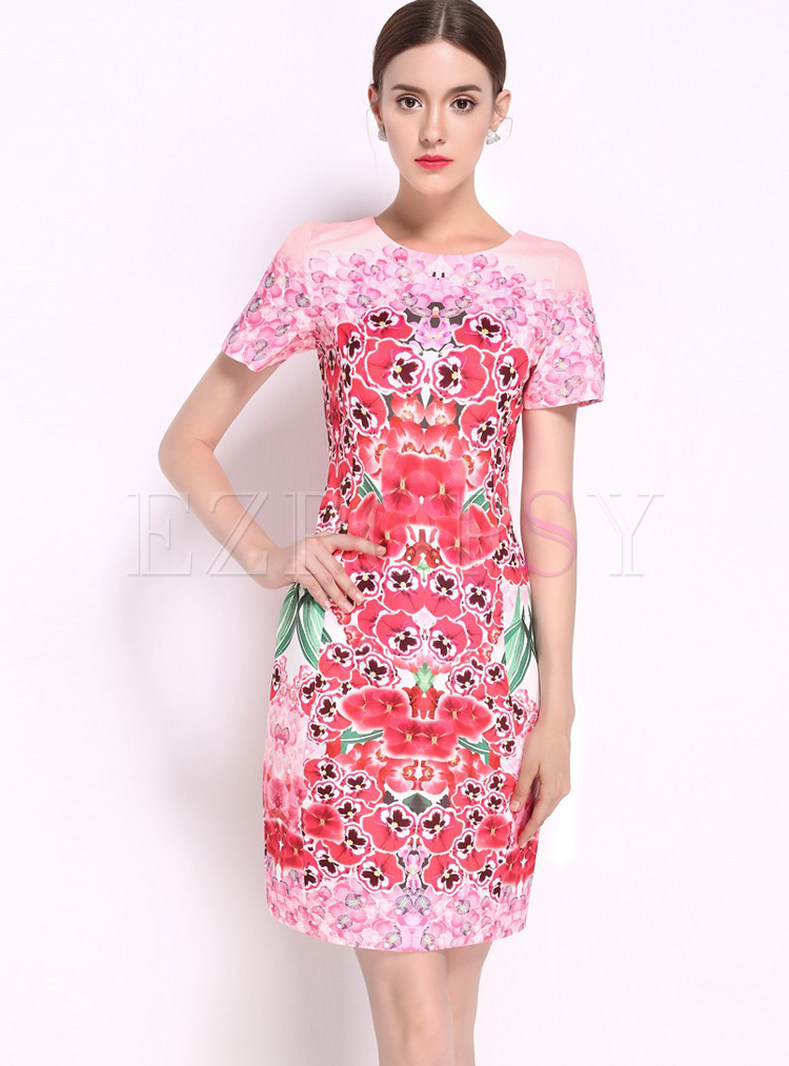 Ethnic Floral Print O-neck Short Sleeve Bodycon Dress