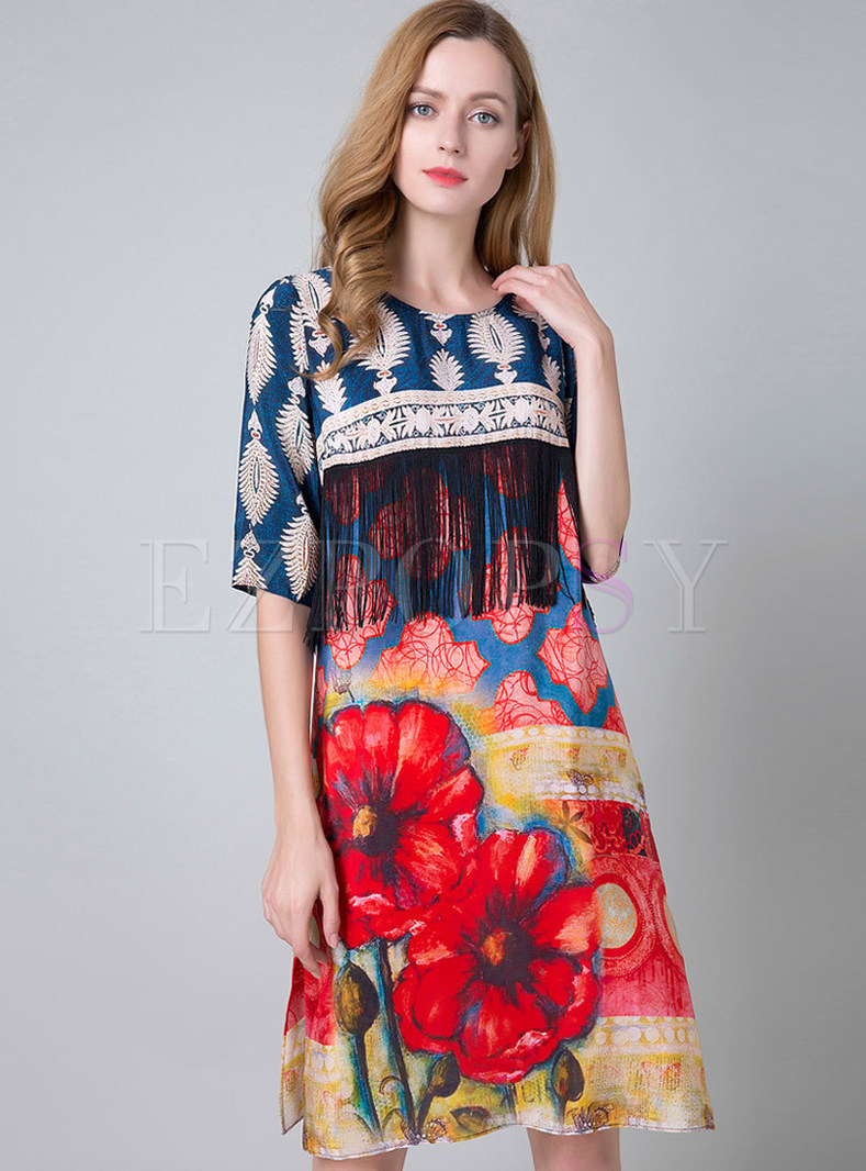 Stylish Tassels Floral Print Silk Half Sleeve Shift Dress