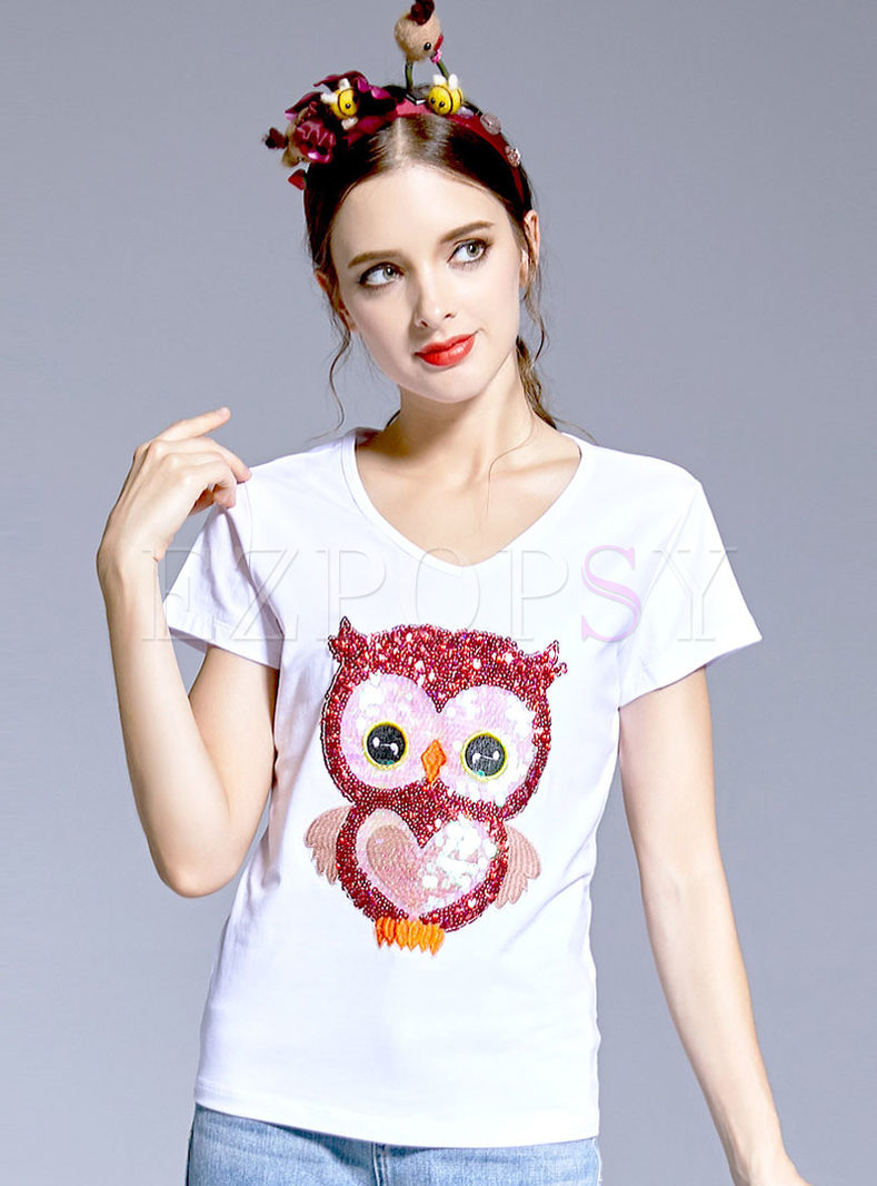 Casual V-neck Short Sleeve Owl Sequins T-shirt 