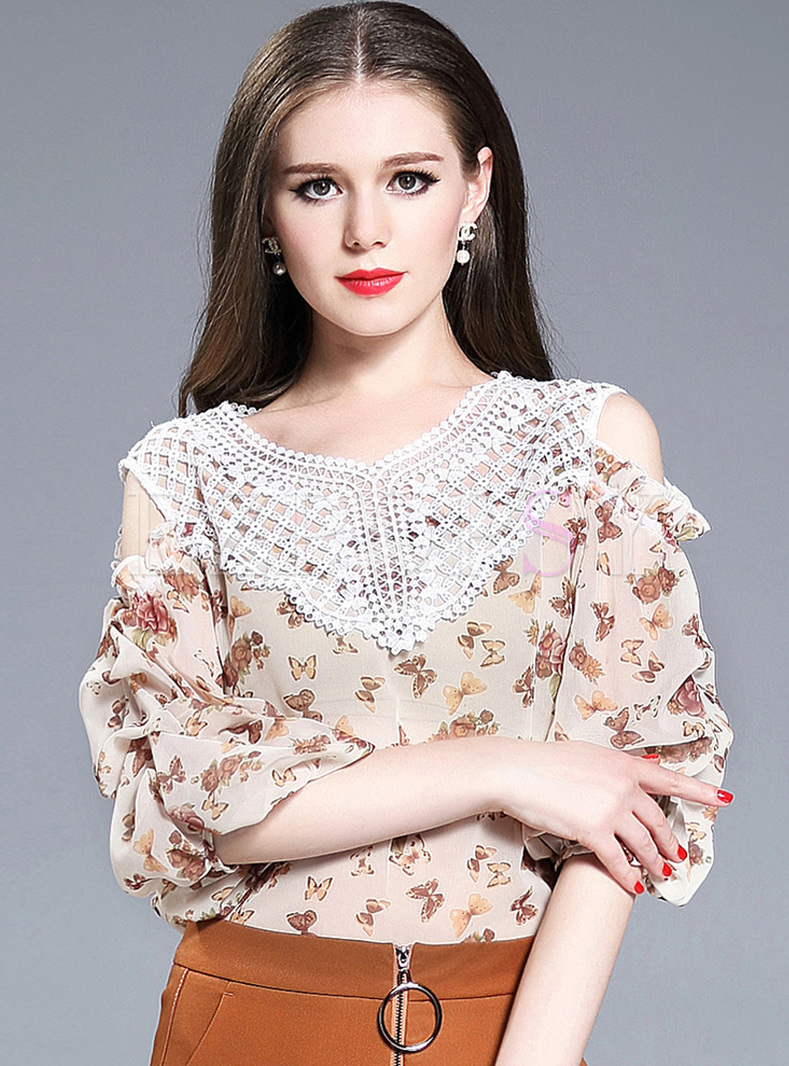 Chic Hollow Puff Sleeve Print Blouse
