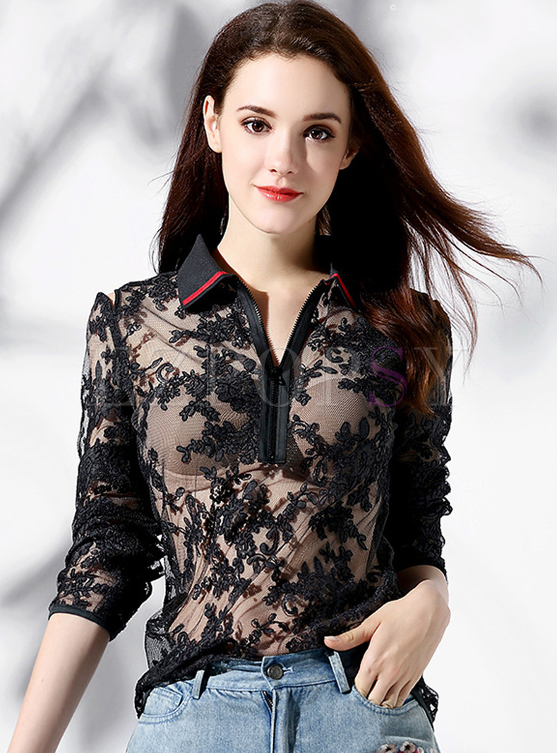 Sexy Perspective Lace Lapel Blouse