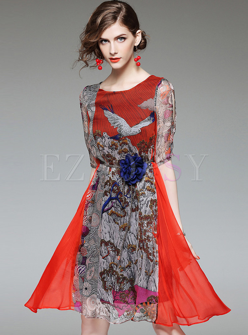 Fashion Silk Floral Print Half Sleeve Skater Dress