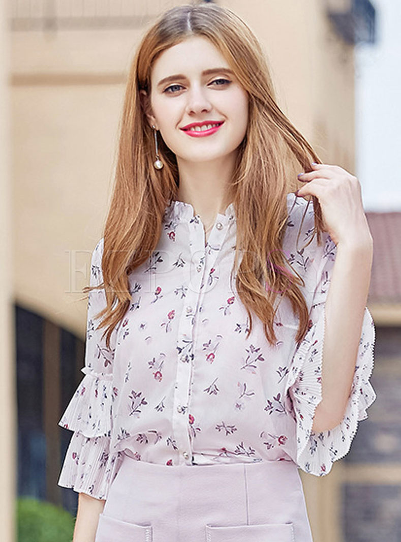 Tops | Blouses | Cute Floral Stand Collar Double Ruffle Sleeve Blouse