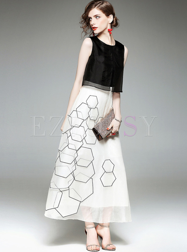 Dresses | Maxi Dresses | Geometric Patterns Silk Sleeveless Maxi Dress