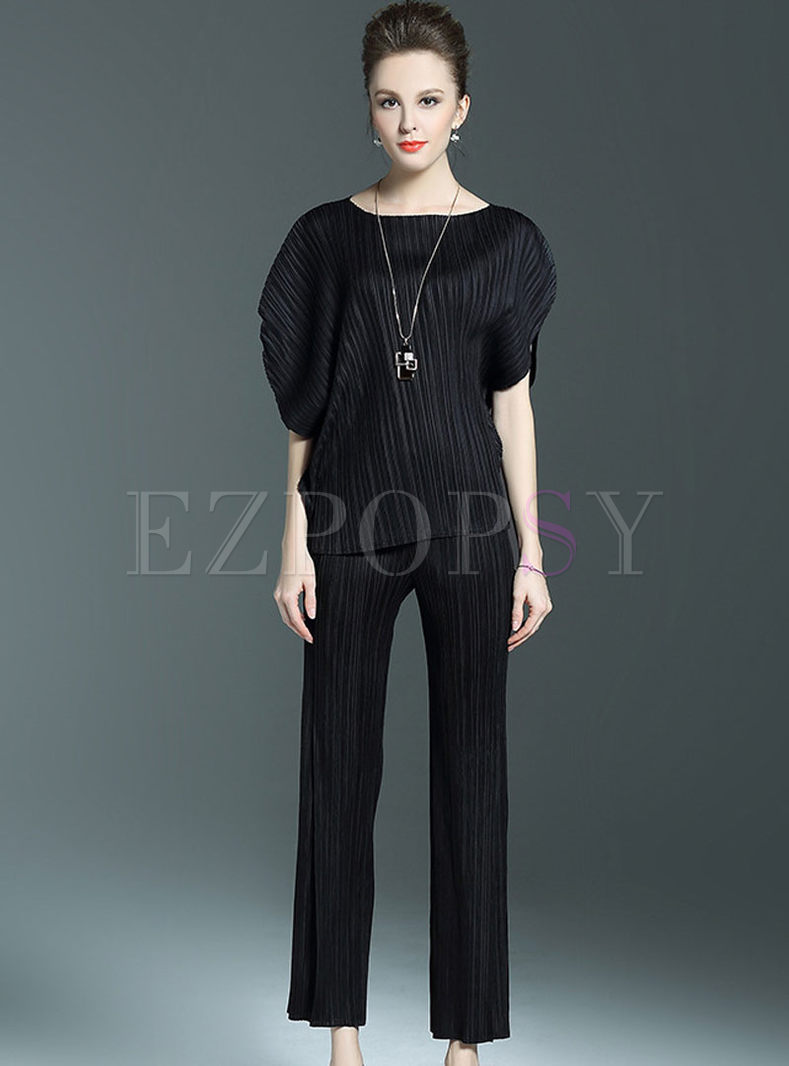 Brief O-neck Batwing Sleeve Loose Blouse & Casual Straight Pants 