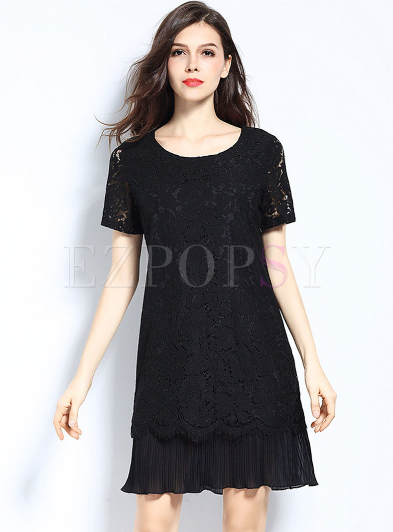 Sexy Lace Splicing Pleated O-neck Short Sleeve Skater Dress 