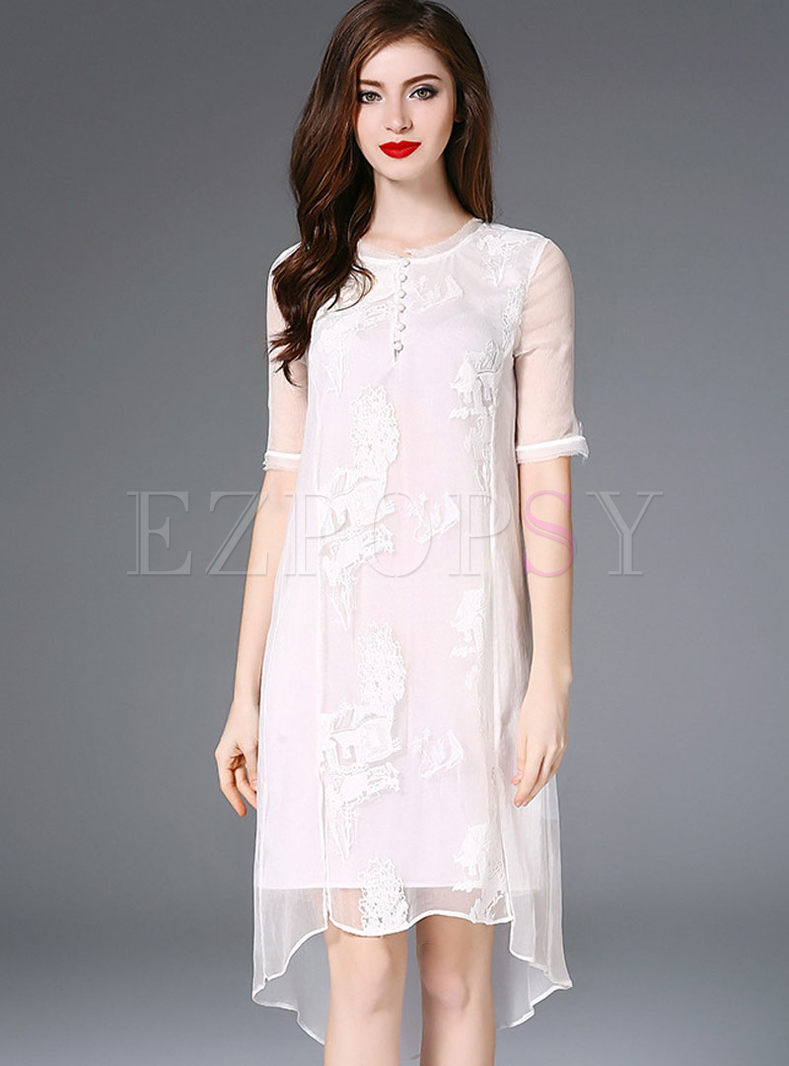 High Neck Embroidery Shift Casual Dress