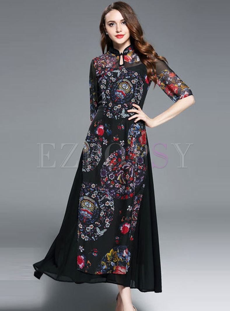 Vintage Print Gauze High Waist Sheath Two-piece Outfits With Underskirt 