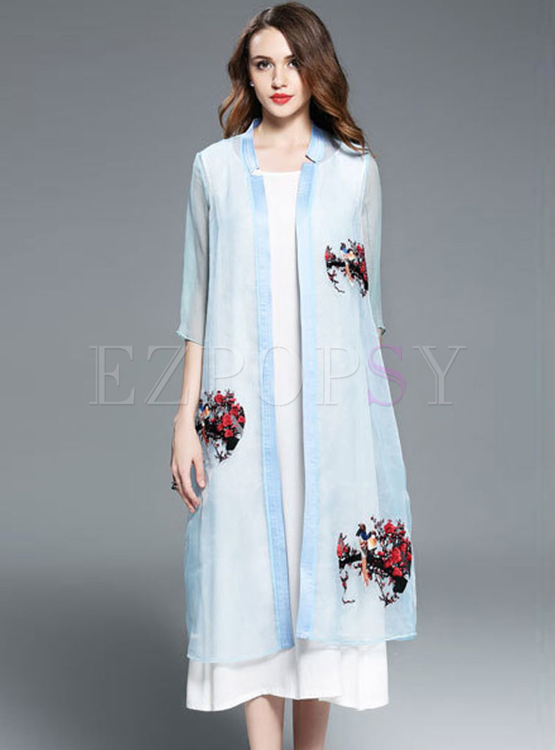 Vintage Double Birds Embroidered Stand Collar Three Quarter Sleeve Coat