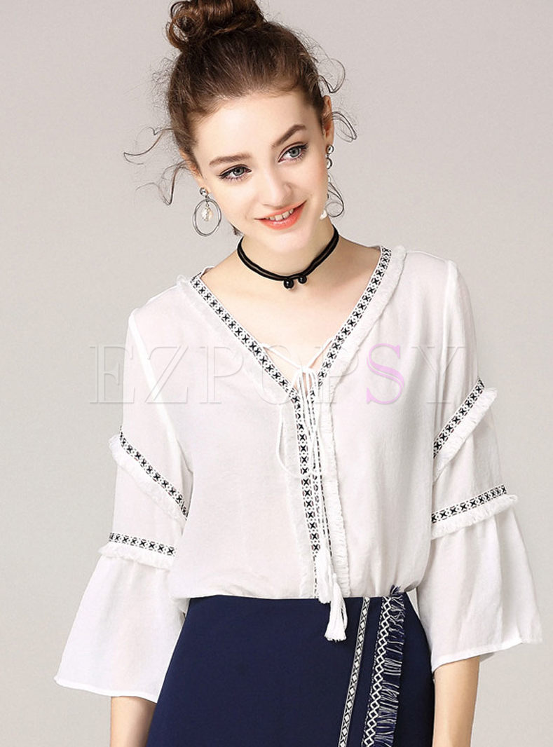 Sexy Pure Color V-neck Flare Sleeve Hollow-out Blouse