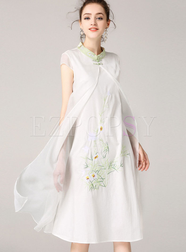 Vintage Embroidered Stand Collar Short Sleeve Shift Dress