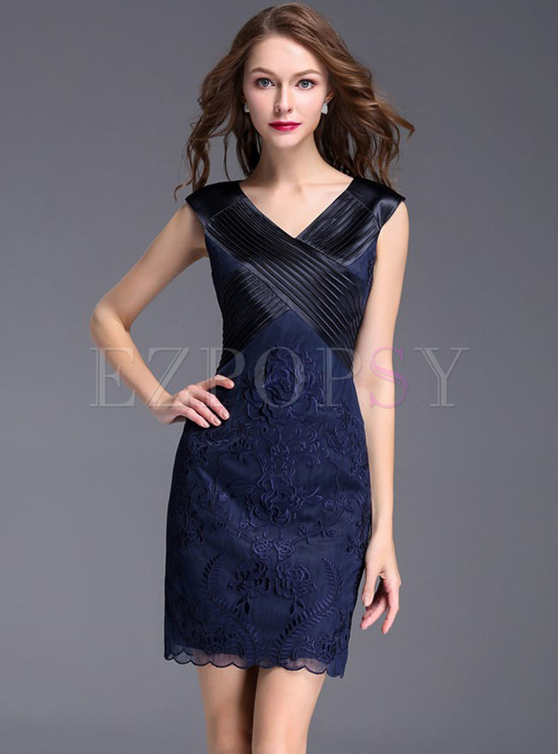 Sexy Embroidered Gauze Splicing Lace V-neck Sleeveless Bodycon Dress