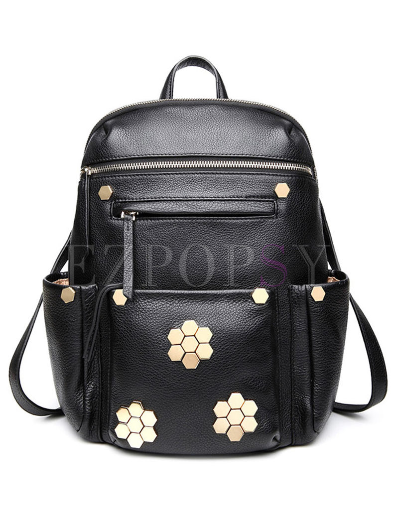 Black Flower-riveted Leather Backpack