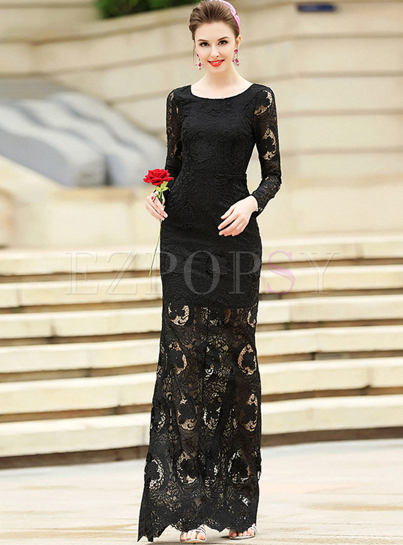 Party Lace Splicing Hollow-out Sheath O-neck Long Sleeve Bodycon Dress 