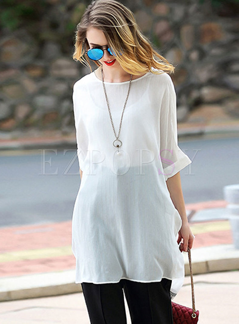 Casual Loose Pure Color Open Fork Asymmetrical T-shirt 