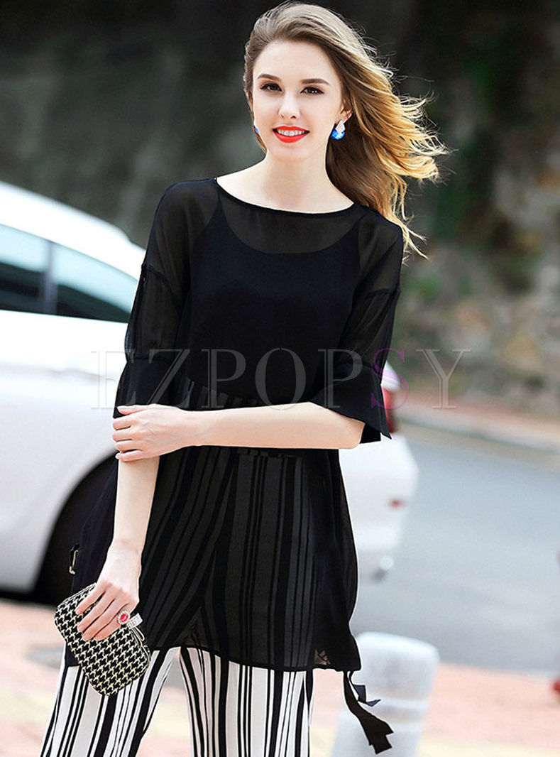Casual Loose Pure Color Open Fork T-shirt With Underskirt 