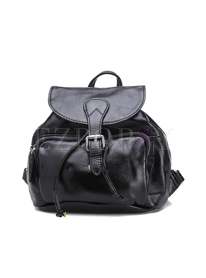 Retro Buckle Closure Genuine Leather Backpack