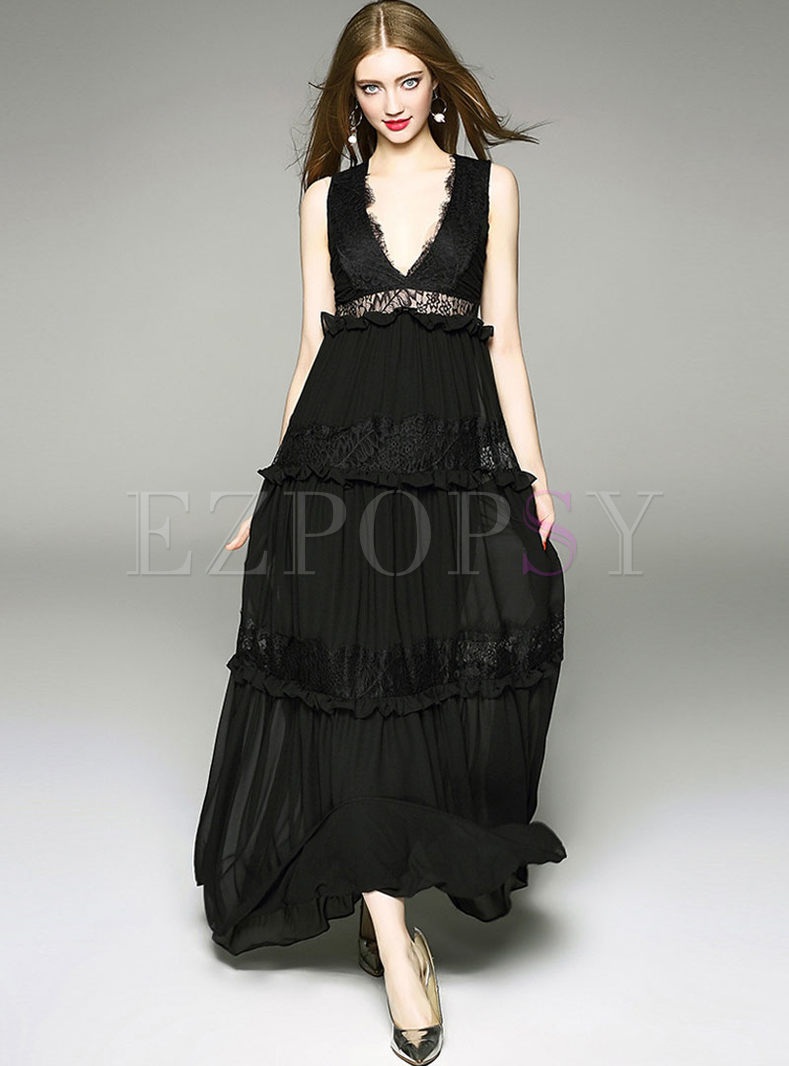 Party Lace Splicing Hollow-out V-neck Sleeveless Maxi Dress