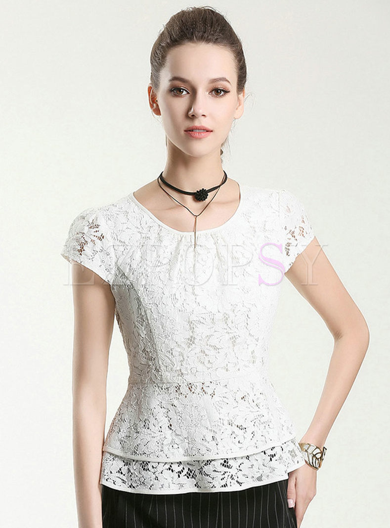 Casual O-neck Lace Hollow Slim T-shirt