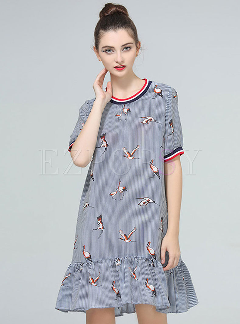 Swan Print Silk Short Sleeve Flounced Dress