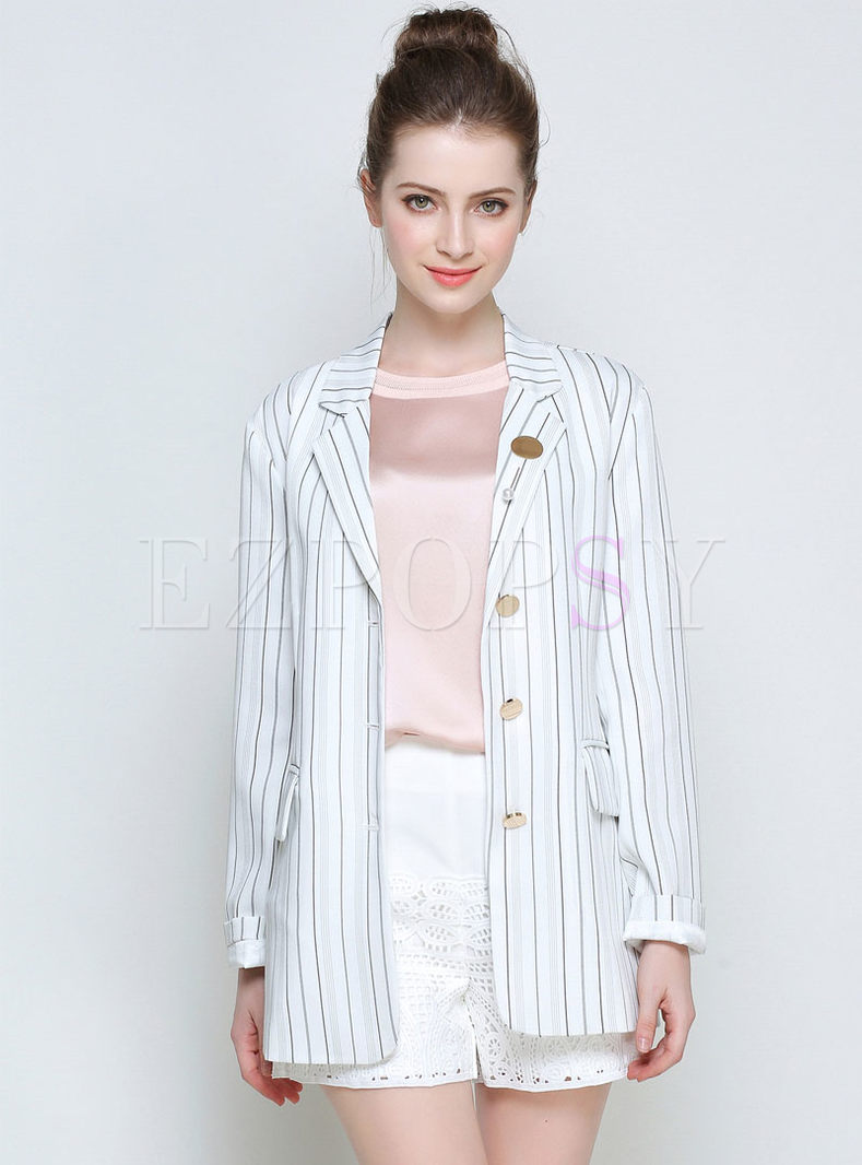 White OL Striped Slim Long Sleeve Suit