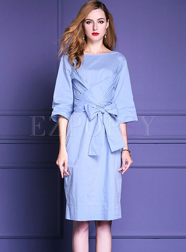 Dresses | Bodycon Dresses | Elegant Bowknot Lantern Sleeve Blue Bodycon ...