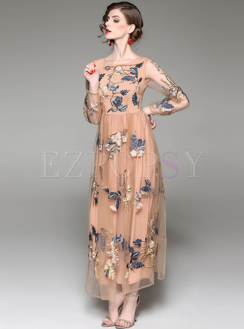 Dresses | Maxi Dresses | Chic Embroidery Lace O-neck Maxi Dress