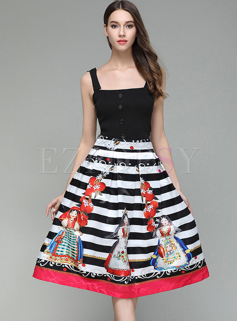 Street Pure Color buckled vest & Casual Print Striated Skirt 