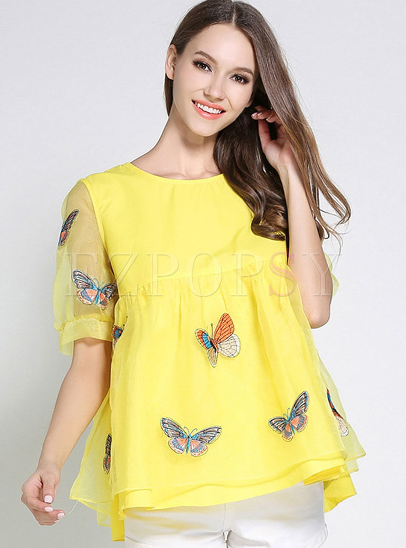 Casual Butterfly Embroidered O-neck Puff Sleeve Loose Blouse 